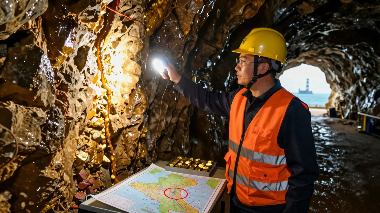 Geólogo com capacete e colete reflete luz em parede de mina com mapa em mesa no interior da caverna.