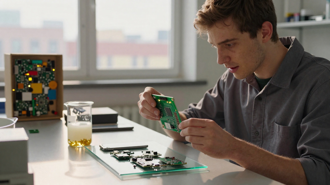 Jovem a analisar placa eletrónica numa bancada com componentes e ferramentas num ambiente iluminado.