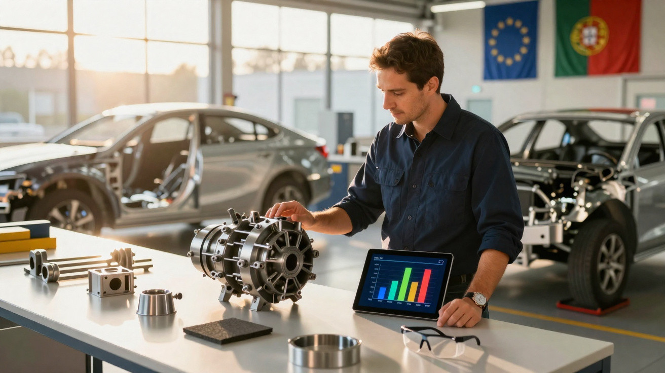 Homem a analisar componente automóvel com tablet a mostrar gráfico colorido numa oficina com carros em fundo.