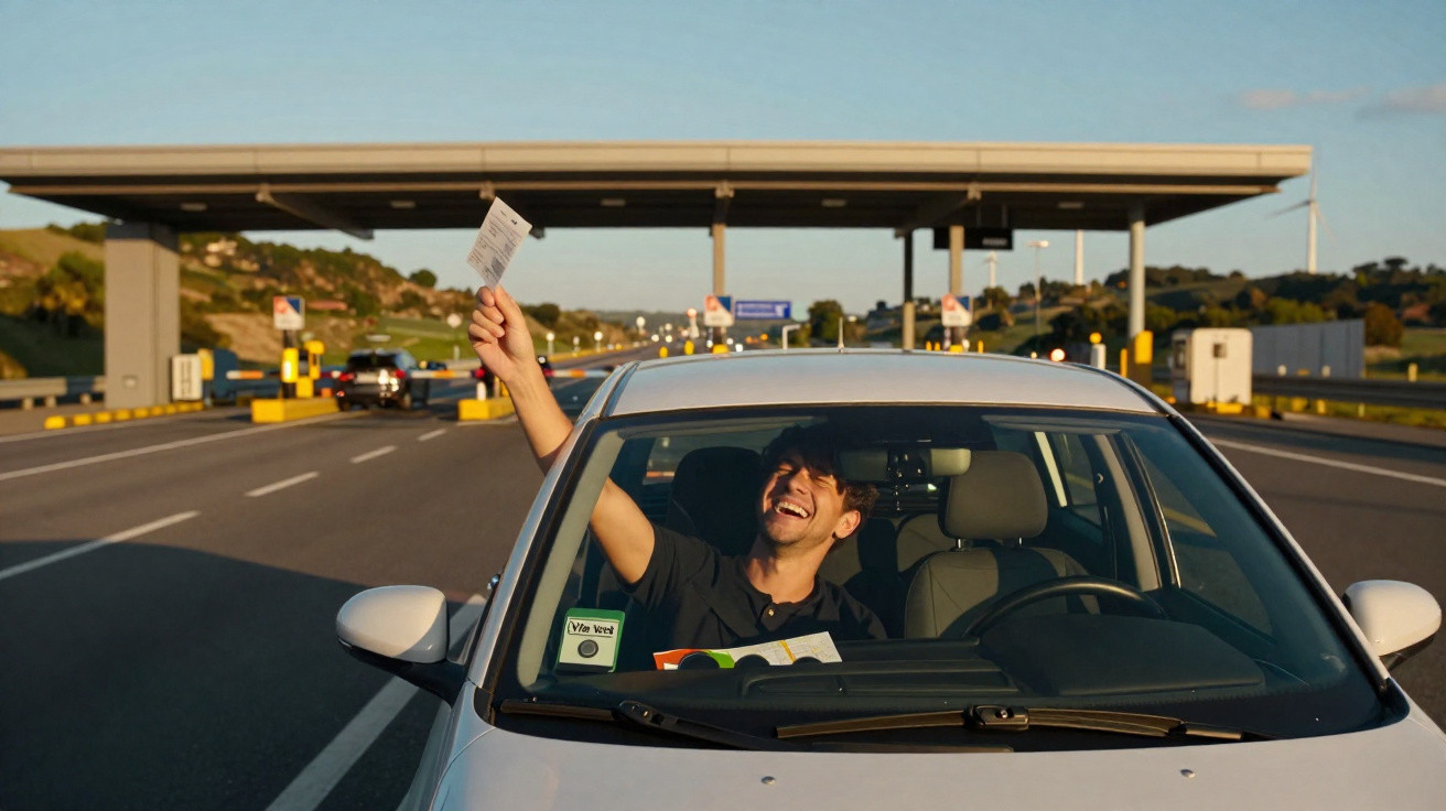 Homem sorridente dentro de carro numa portagem, a segurar um bilhete pela janela.