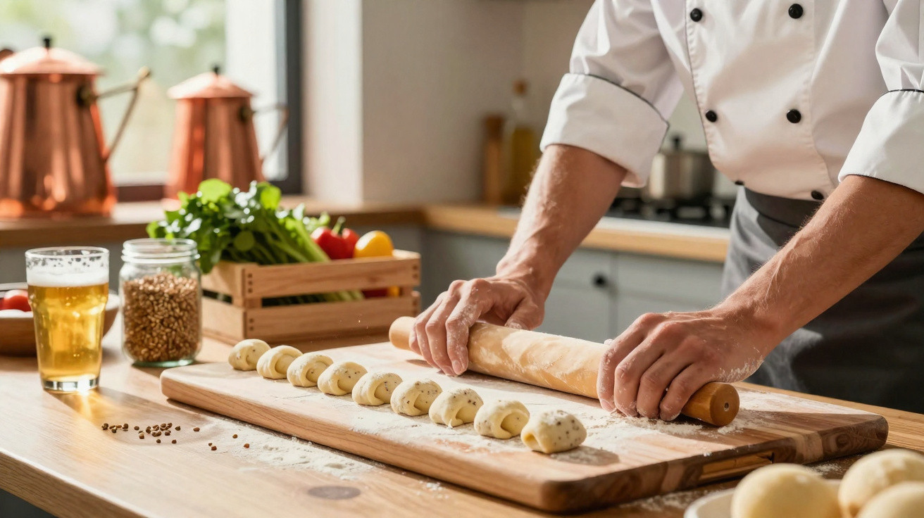 Chef a enrolar massa na tábua de madeira, com bolinhas de massa preparadas e ingredientes na cozinha.