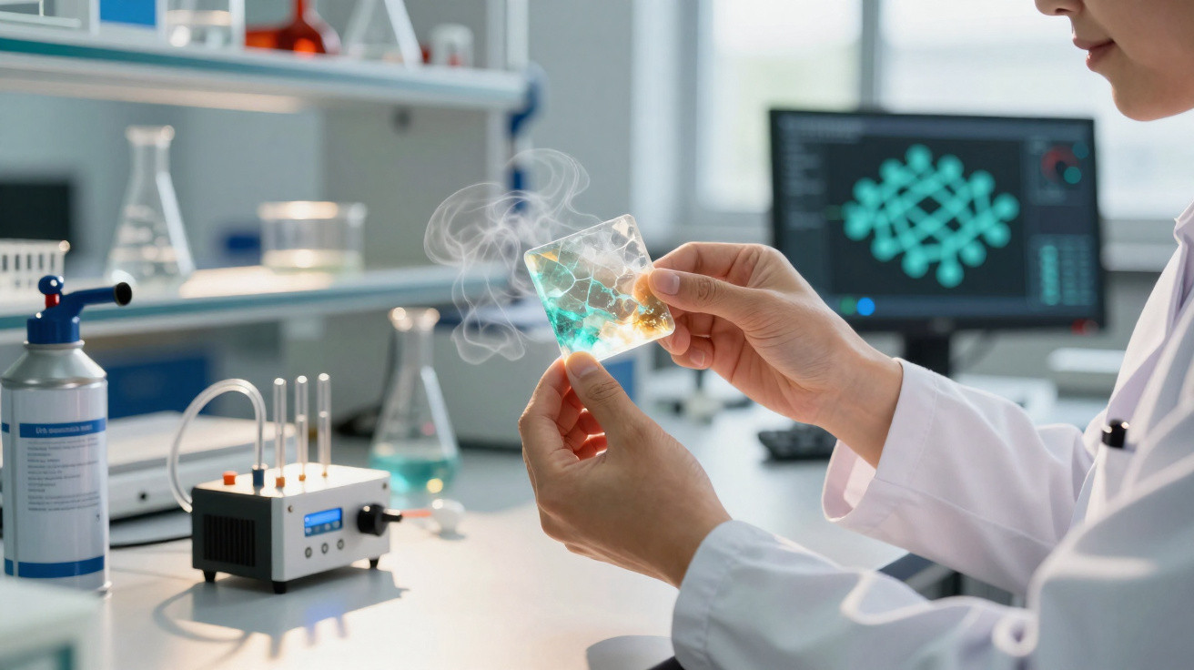 Cientista de bata branca segura material transparente fumegante em laboratório moderno com equipamento e computador.