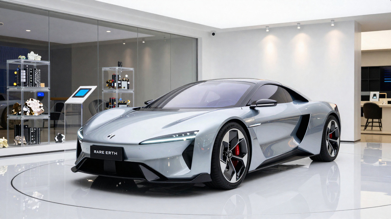 Carro desportivo elétrico prata com design aerodinâmico em exposição numa sala moderna.