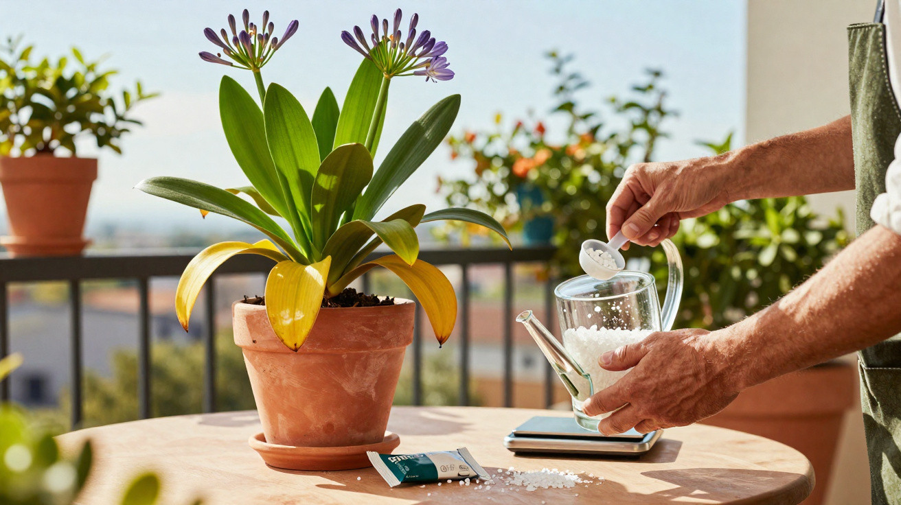 Pessoa a colocar fertilizante em regador ao lado de planta com flores roxas num vaso de barro numa varanda.