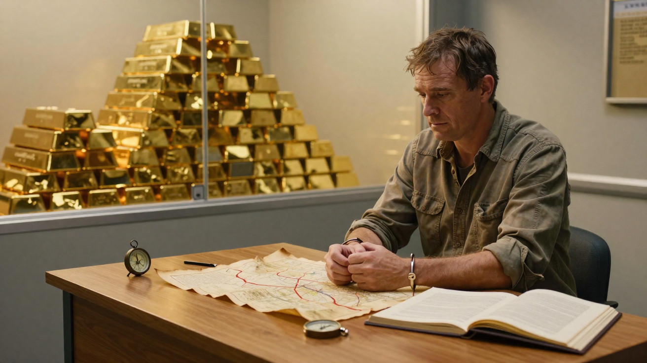 Homem com algemas sentado à mesa com mapa aberto, relógios e barras de ouro empilhadas ao fundo.