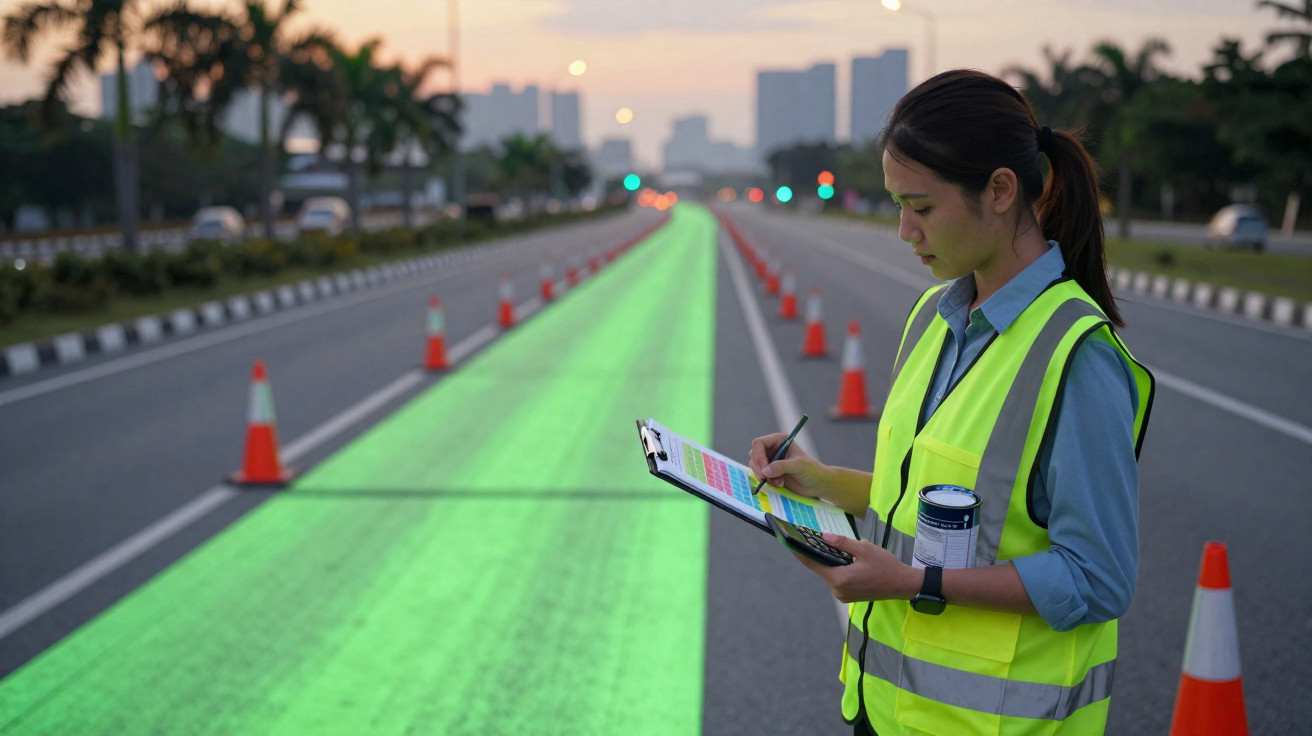 Mulher com colete refletor a apontar num clipboard ao lado de estrada com cones e faixa verde iluminada.