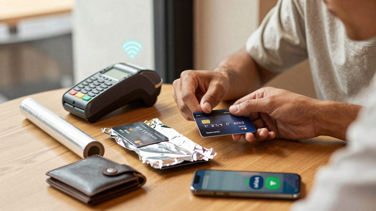 Pessoa a pagar com cartão de crédito contactless num terminal de pagamento numa mesa de madeira.