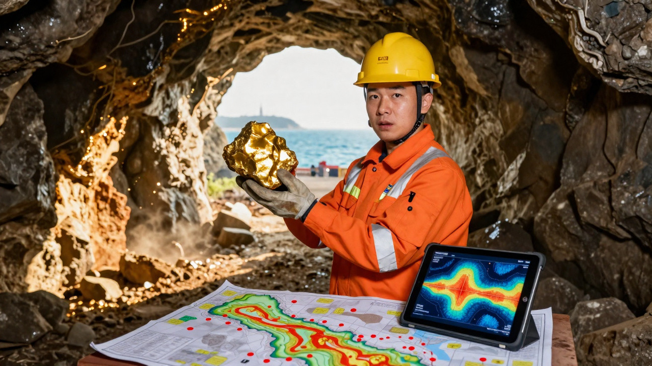 Homem com capacete e roupa de proteção segura pepita de ouro numa mina, com mapa e tablet na mesa.