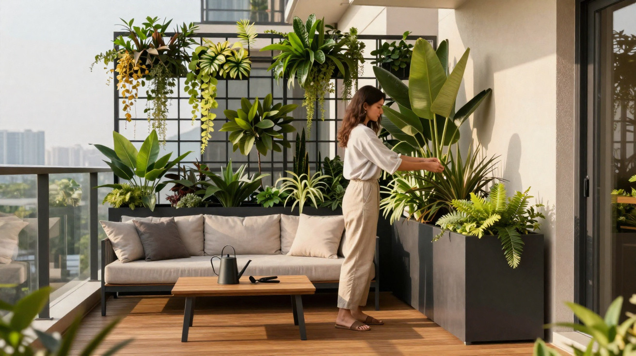 Mulher a cuidar de plantas num terraço com sofá cinzento, mesa de madeira e várias plantas verdes.