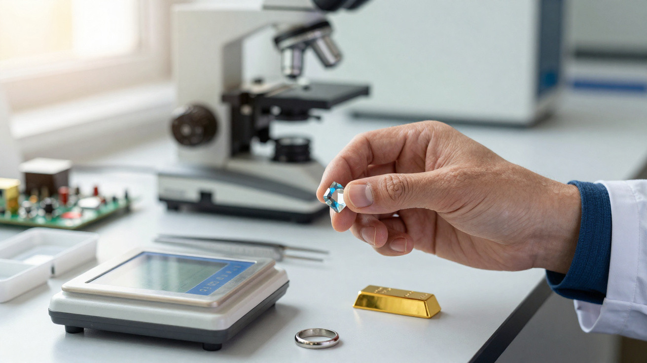 Mão de cientista a segurar uma pedra preciosa num laboratório com microscópio e barra de ouro na mesa.