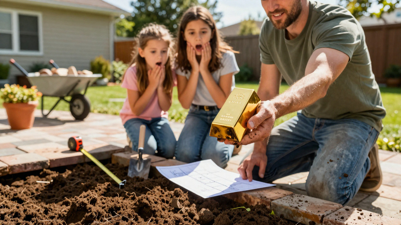 Homem a mostrar lingote de ouro a duas raparigas surpreendidas num jardim com terra remexida.