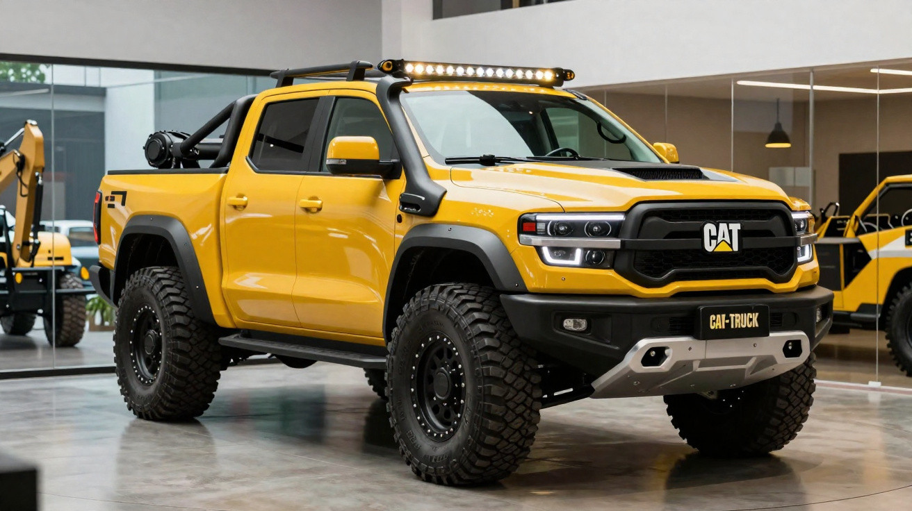 Pick-up amarela robusta CAT em ambiente interior moderno com pneus todo-o-terreno.