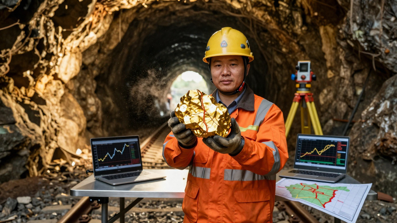 Mineiro de capacete e colete laranja segura pepita de ouro num túnel, com computadores e mapa em fundo.