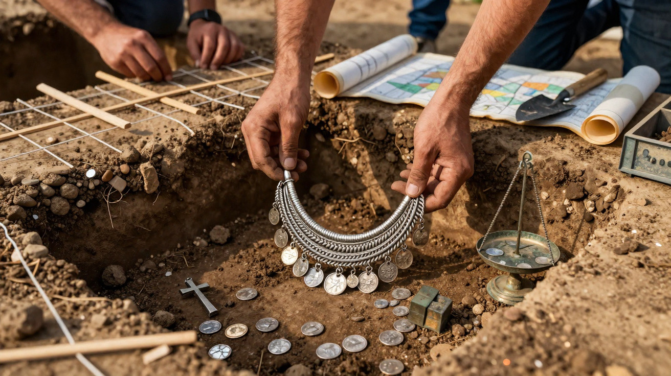 Pessoa a recolher colar antigo de escavação arqueológica com moedas, cruz e instrumentos de medição.