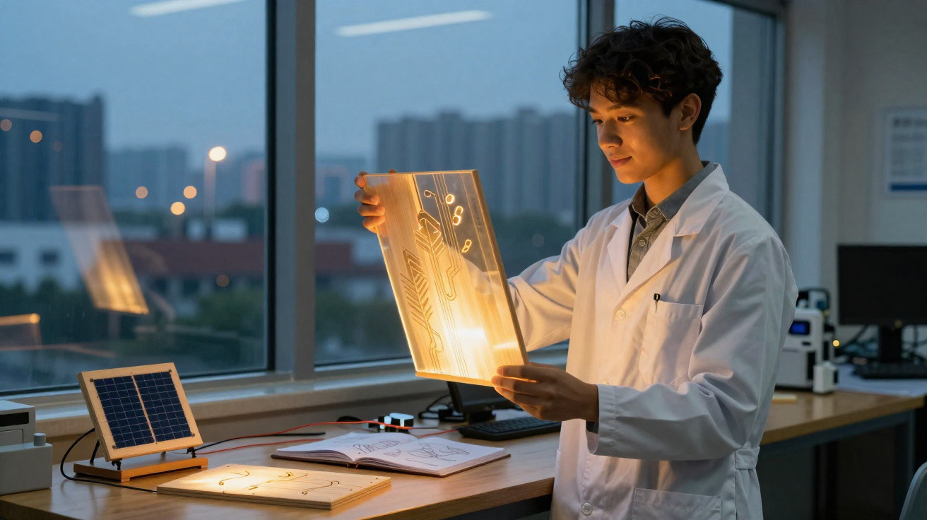 Cientista jovem em bata branca examina painel luminoso com circuito num laboratório moderno ao entardecer.