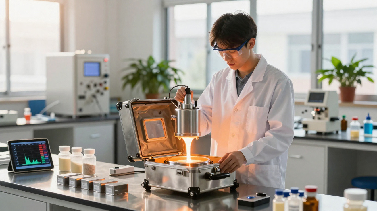 Cientista a usar equipamento de laboratório para análise térmica de material num ambiente científico.