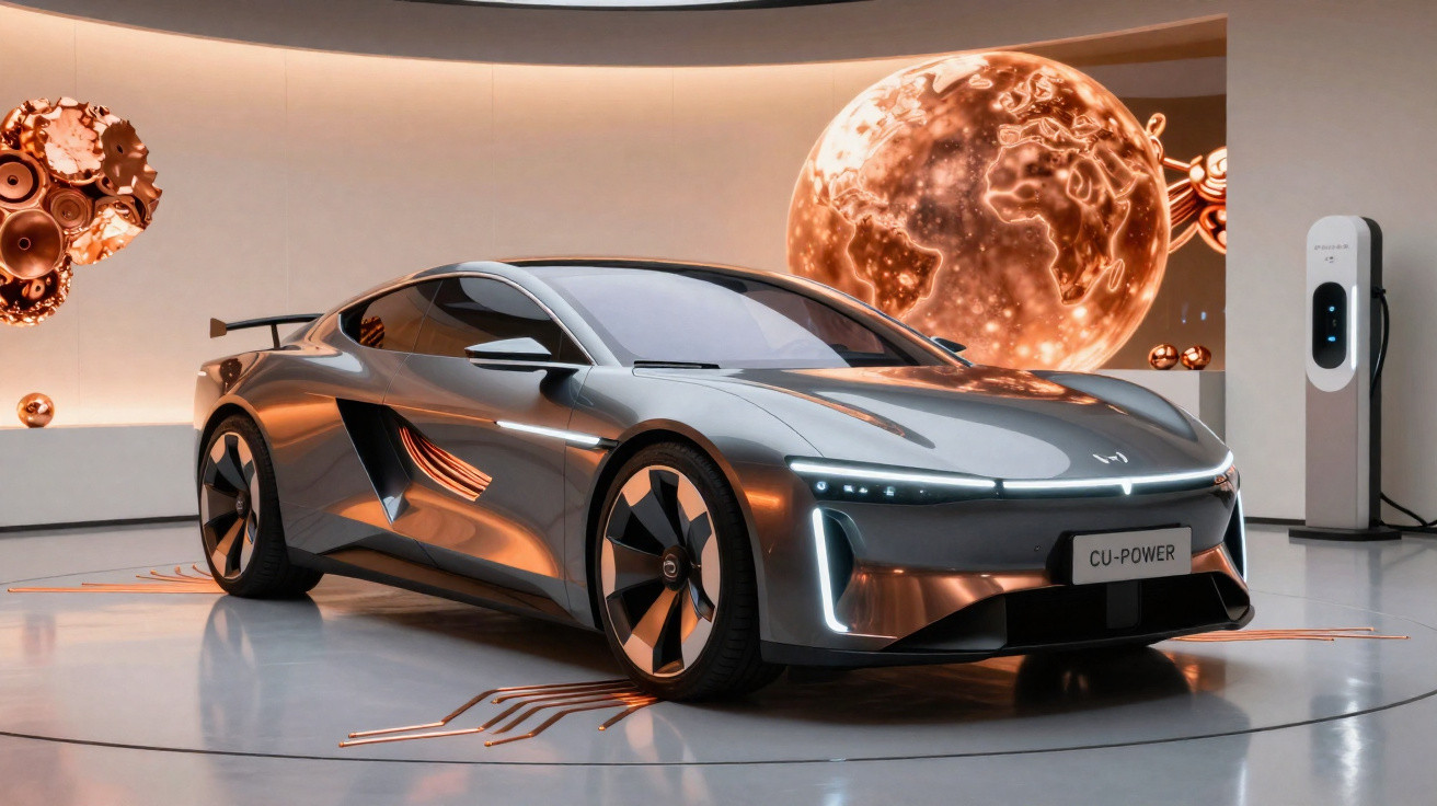 Carro elétrico desportivo prateado exposto num salão moderno com globo iluminado e estação de carregamento.