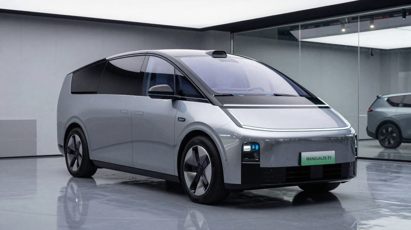 Veículo elétrico cinza moderno com design aerodinâmico e jantes pretas num showroom minimalista.