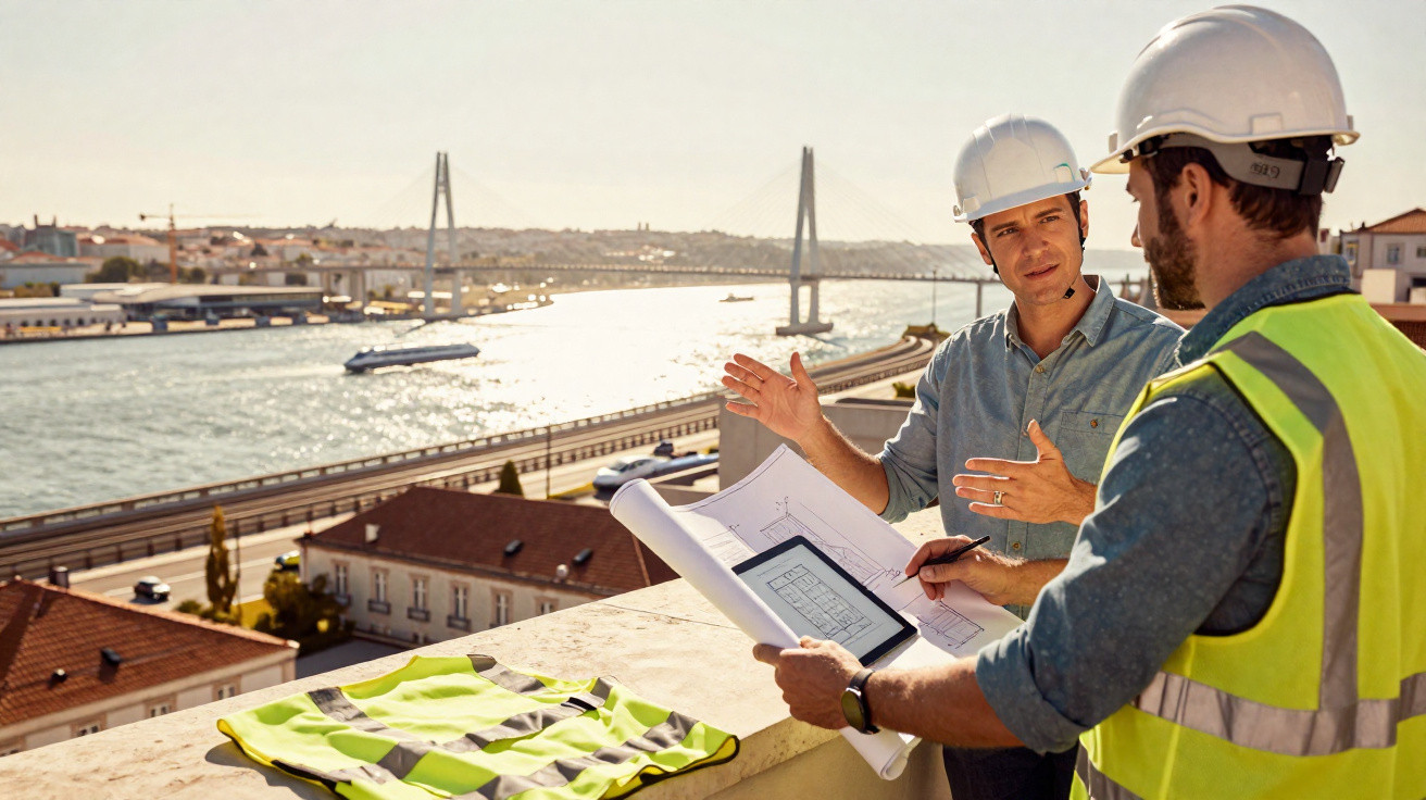 Dois engenheiros com capacete em obra, discutindo projetos com vista para o rio e ponte ao fundo.