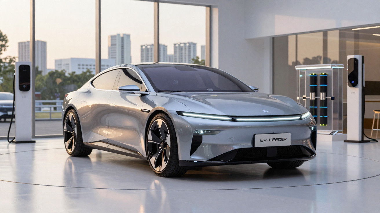 Carro elétrico cinzento estacionado dentro de uma sala moderna com estações de carregamento.