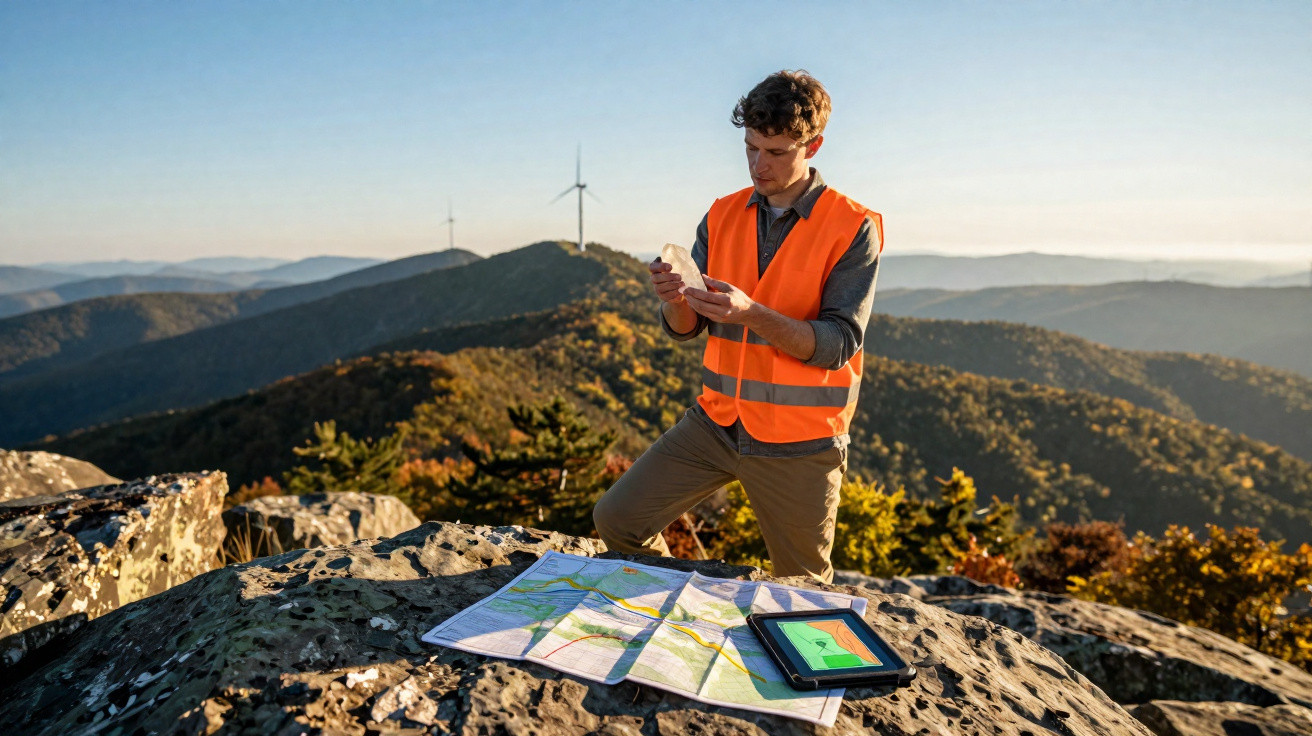 Homem com colete refletor analisa dispositivo junto a mapa e tablet em montanha com turbinas eólicas ao fundo.