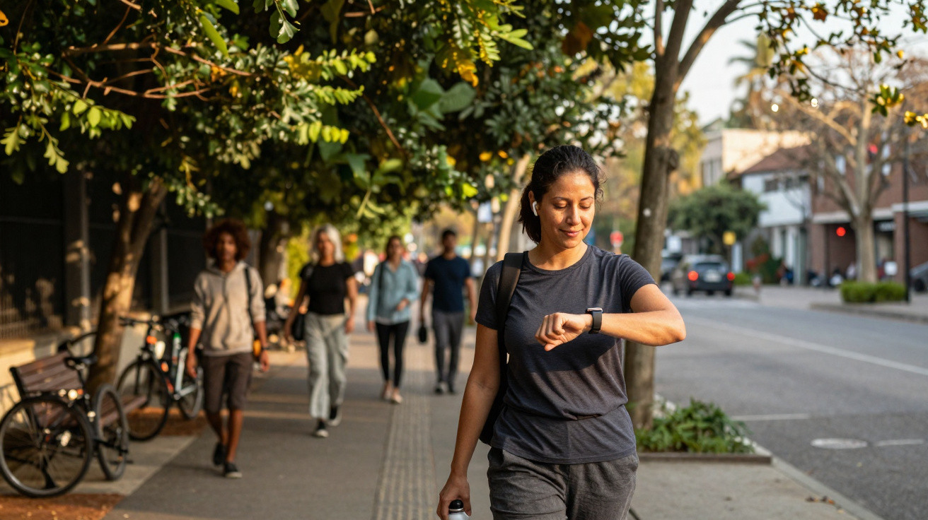 Mulher a caminhar na calçada urbana a olhar para o relógio inteligente no pulso.
