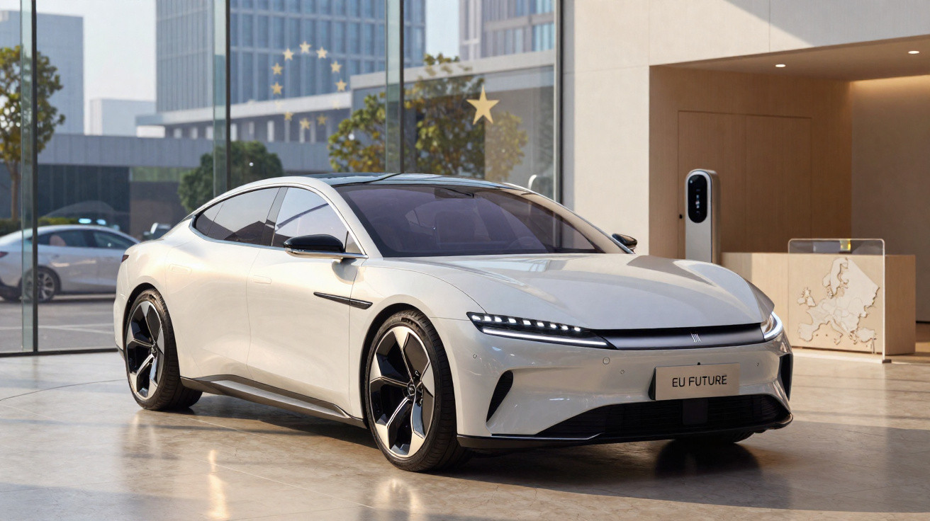 Carro elétrico branco moderno estacionado num espaço interior com carregador e decoração de estrelas da UE.