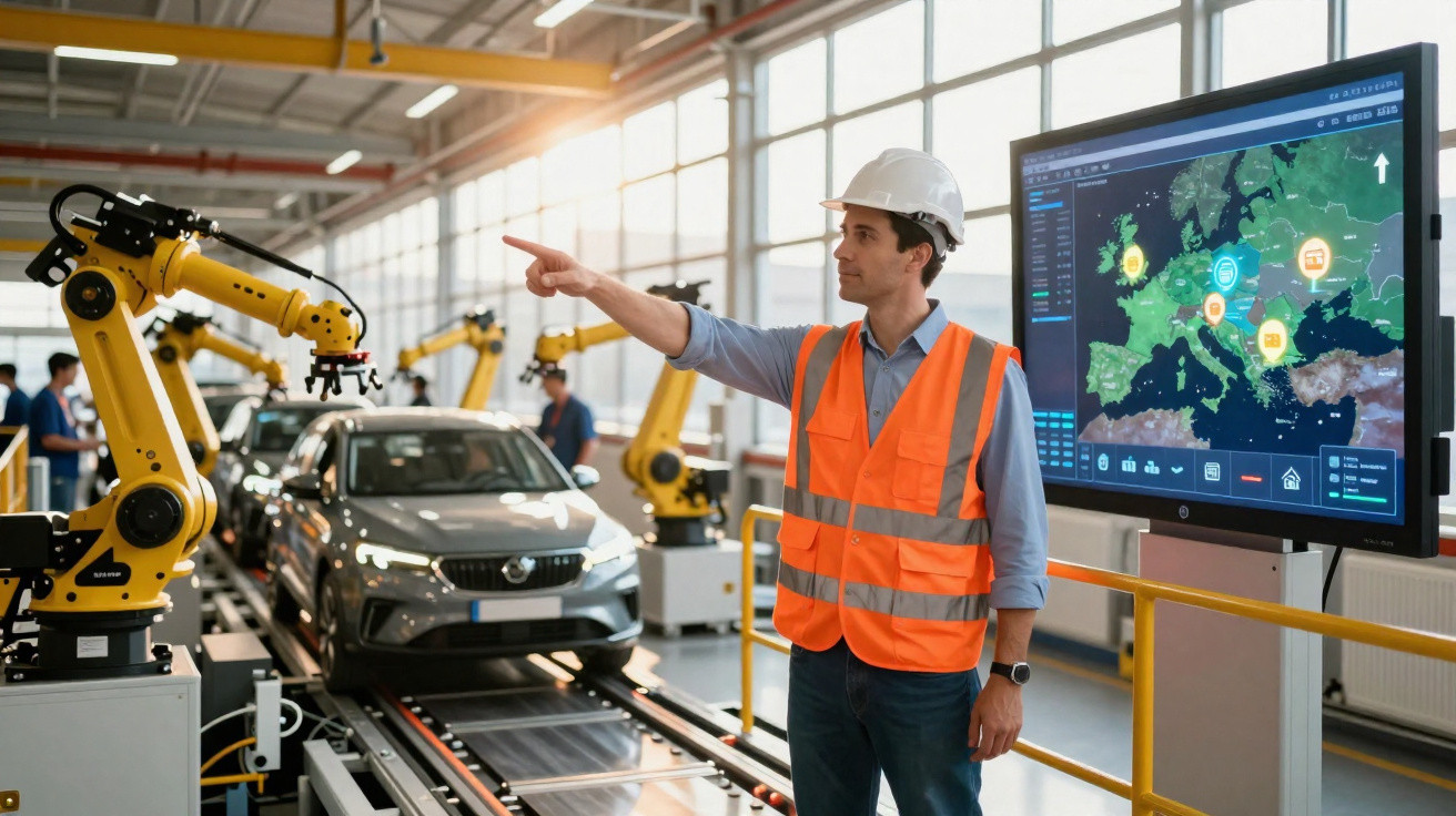 Engenheiro com colete e capacete a monitorizar robôs numa linha de montagem de automóveis numa fábrica.
