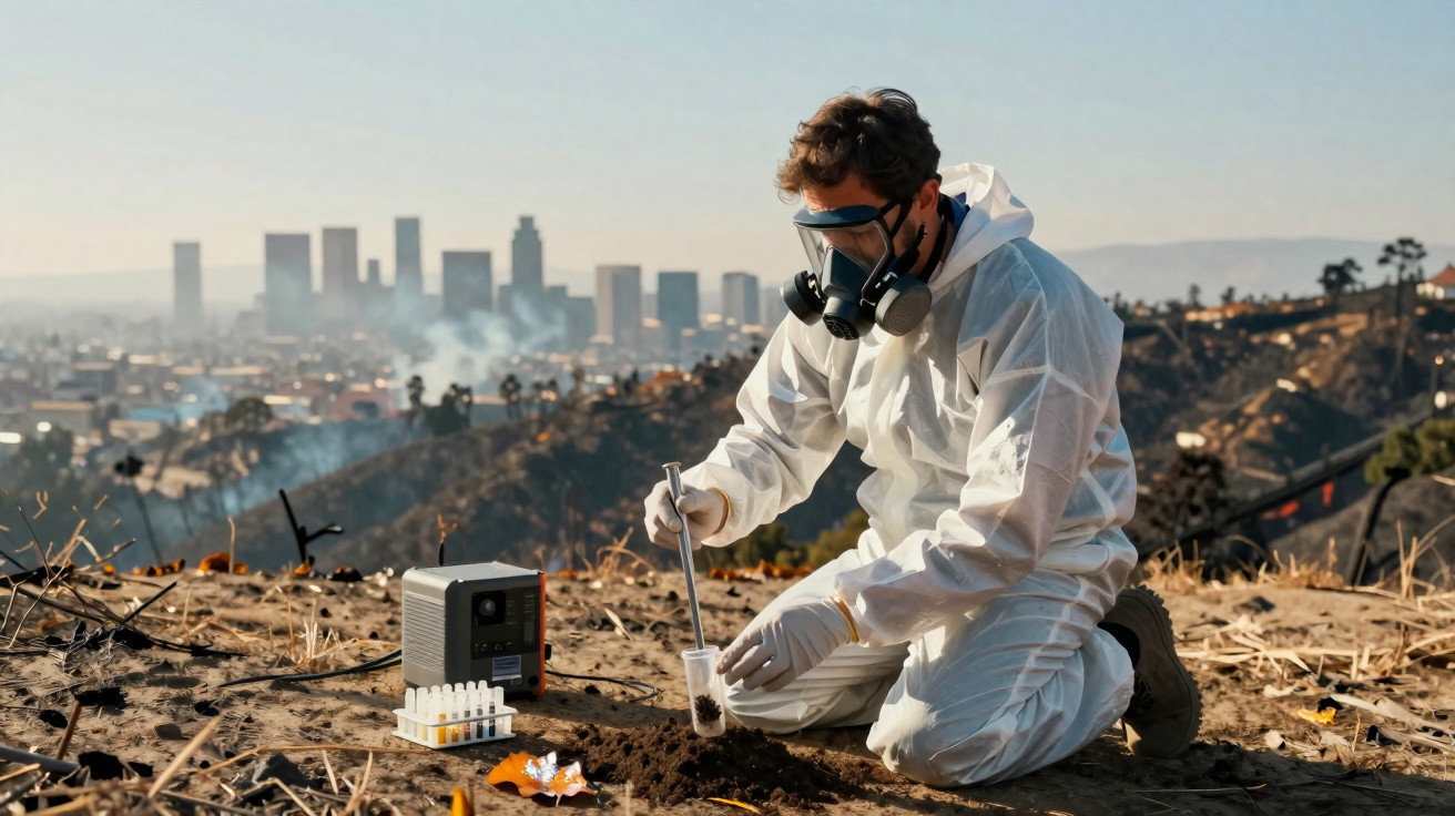 Cientista de fato protector e máscara de gás recolhe amostra de solo num terreno ardido com cidade ao fundo.