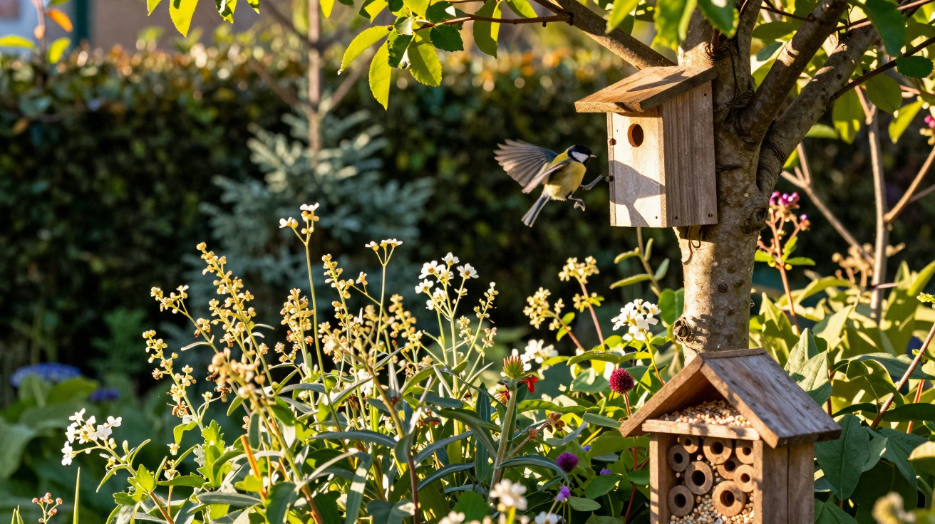 Pássaro a voar junto a uma casa de madeira para aves num jardim com flores e plantas ao pôr do sol.
