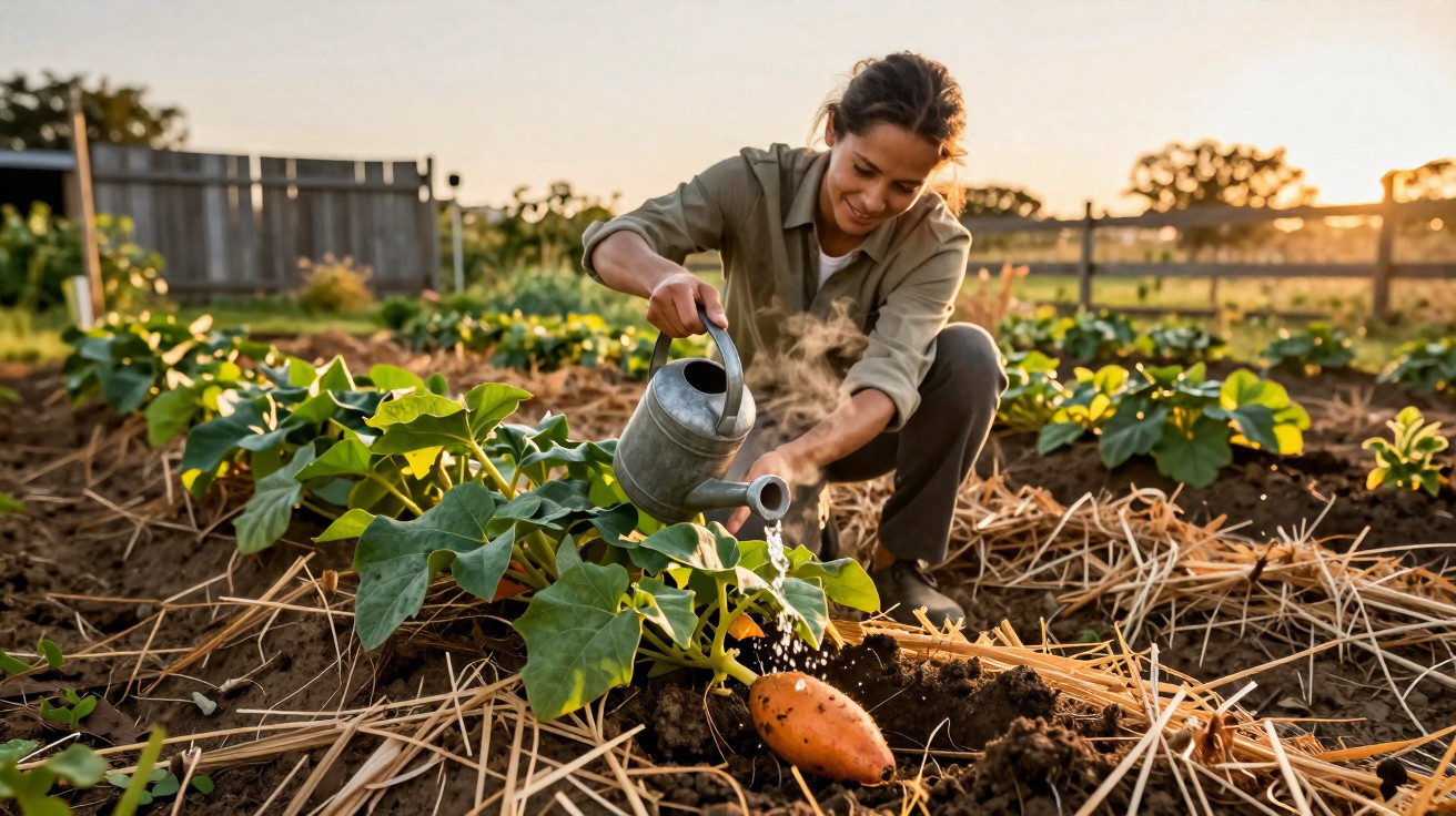 Mulher a regar plantas num campo com terra e batata-doce ao entardecer.