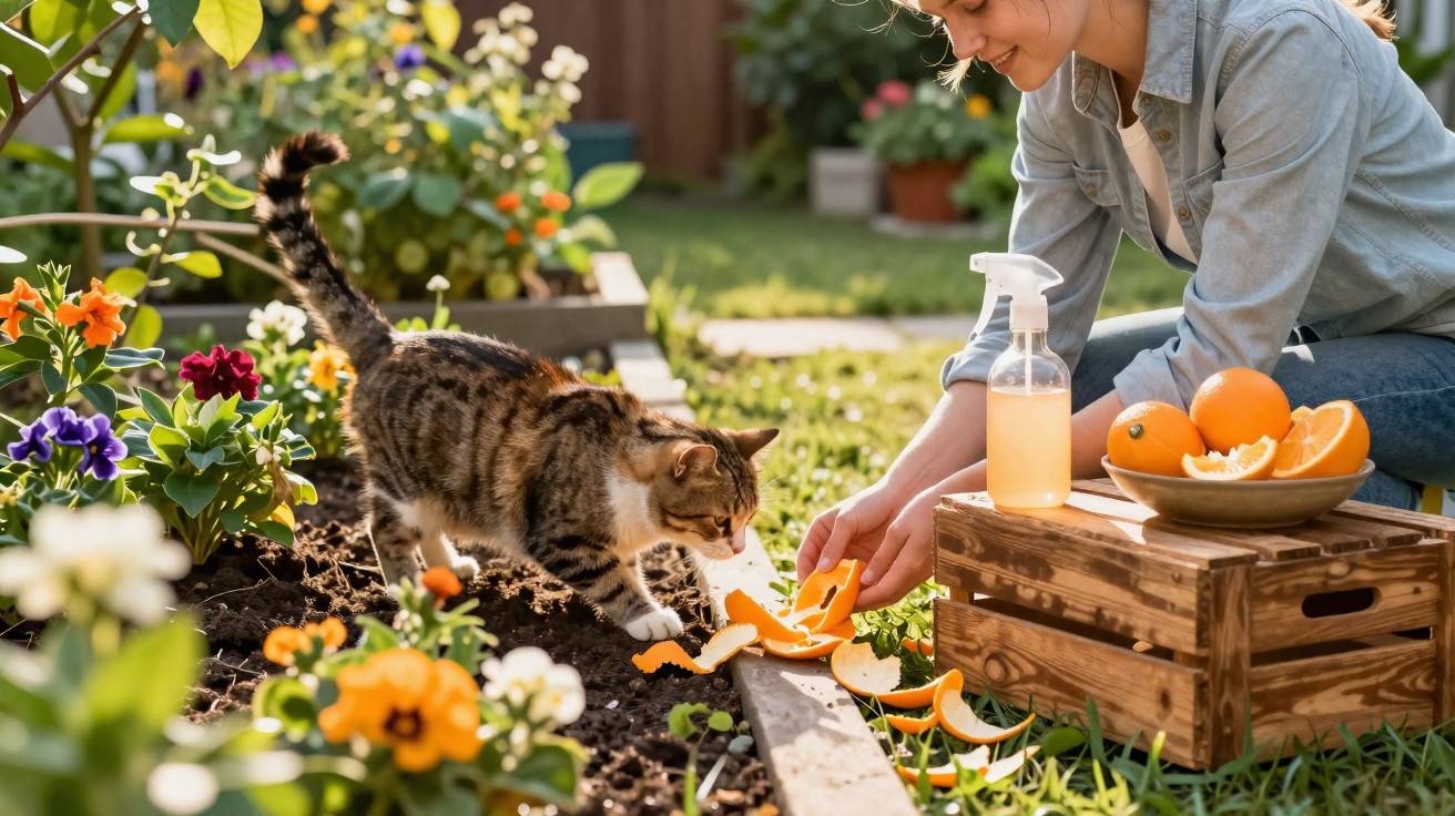 Mulher alimenta gato com cascas de laranja num jardim colorido com flores e plantas.