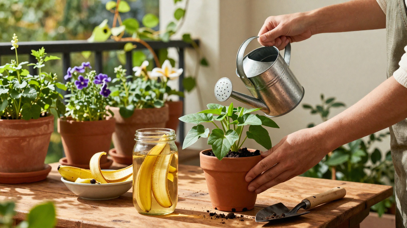Pessoa a regar planta em vaso de barro numa mesa de madeira com várias plantas e banana numa jarra.