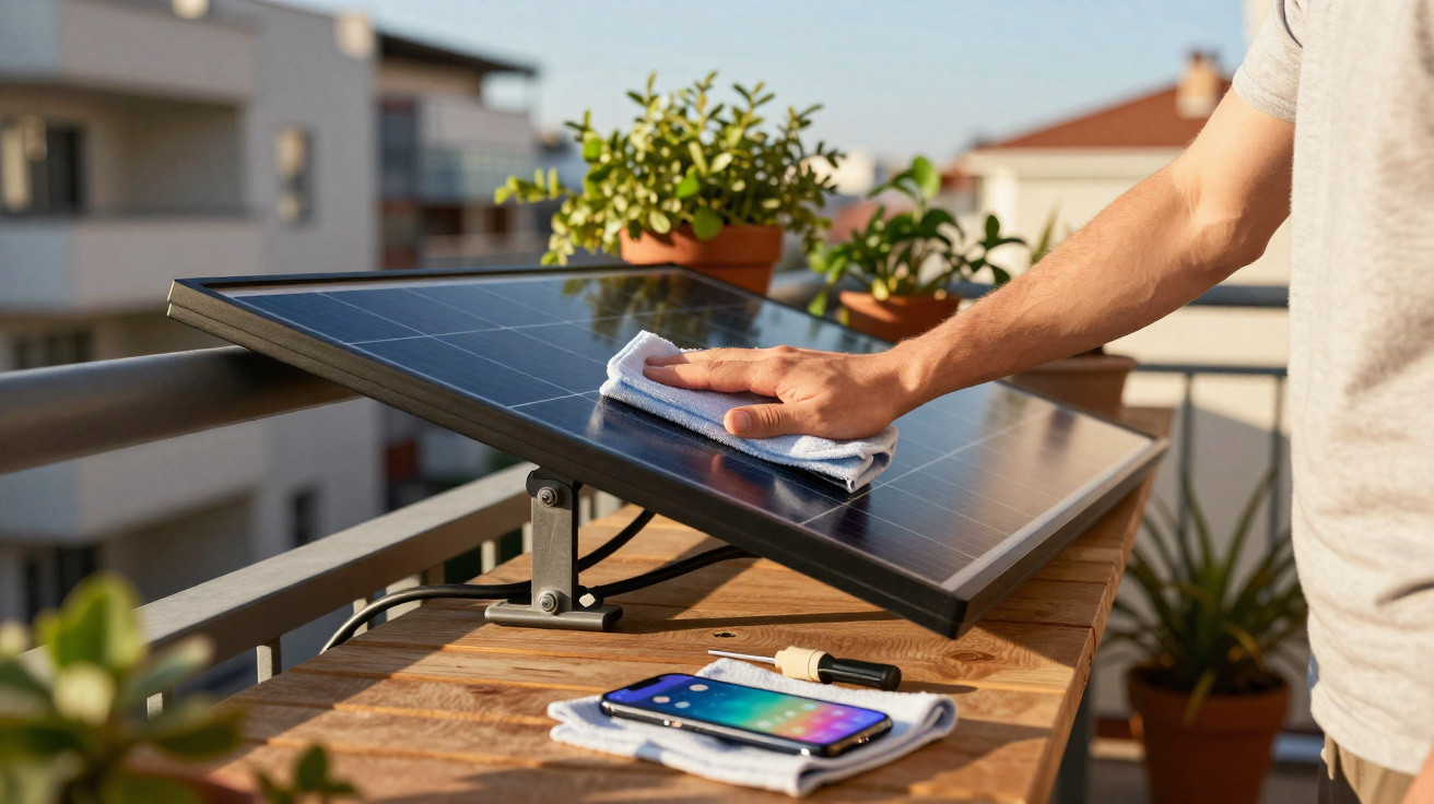 Pessoa a limpar um painel solar pequeno numa varanda com plantas e edifícios ao fundo.