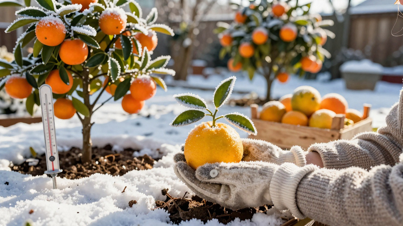 Mãos com luvas seguram laranja com folhas, árvores de citrinos e neve ao fundo com termómetro no solo.