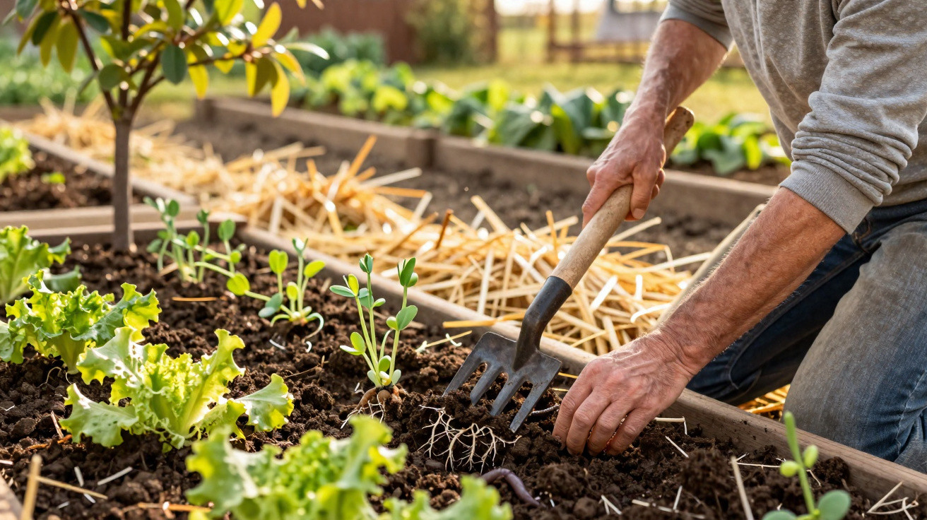 Pessoa a cultivar uma horta com alface e outras plantas em canteiros de terra fofa e húmida.