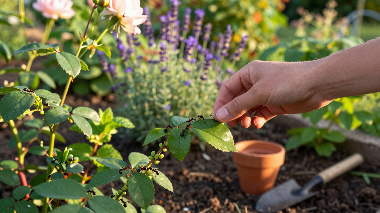 Mão humana colhendo uma folha infestada por formigas num jardim com flores e terra ao fundo.