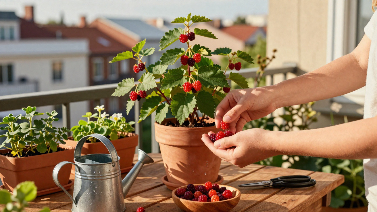 Pessoa a colher amoras vermelhas de vaso num terraço com regador e terraços ao fundo.