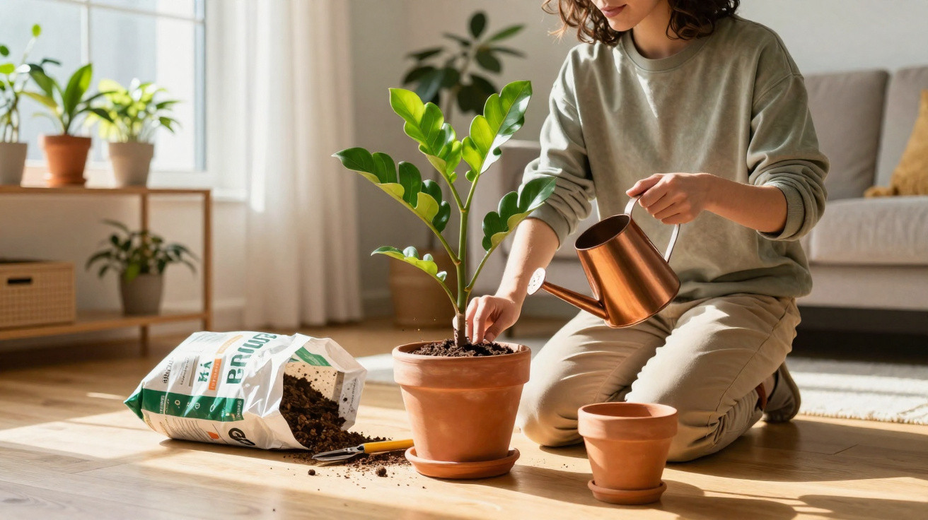 Pessoa a cuidar de planta em vaso terraçom com regador e terra espalhada no chão, em interior luminoso.