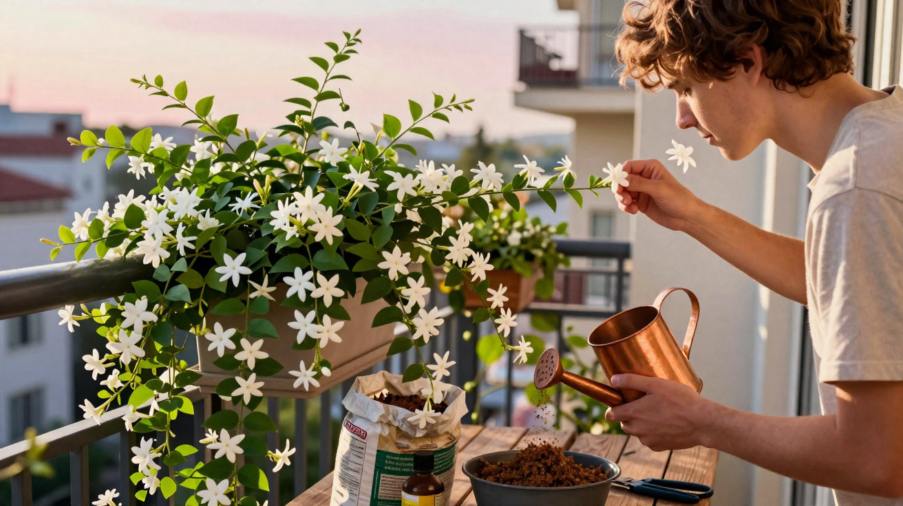 Jovem rega e cuida de flores brancas num vaso no terraço ao entardecer.