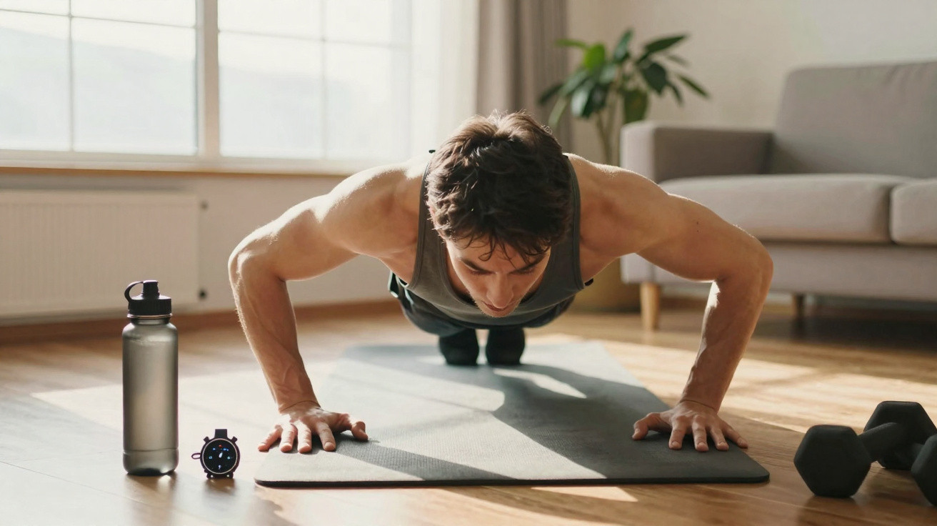 Homem a fazer flexões numa esteira de exercício numa sala com luz natural e halteres no chão.