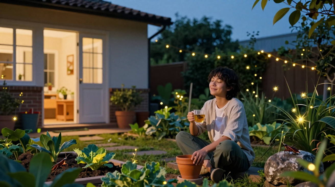 Pessoa sentada no jardim à noite, segurando chá, rodeada de plantas e luzes decorativas.