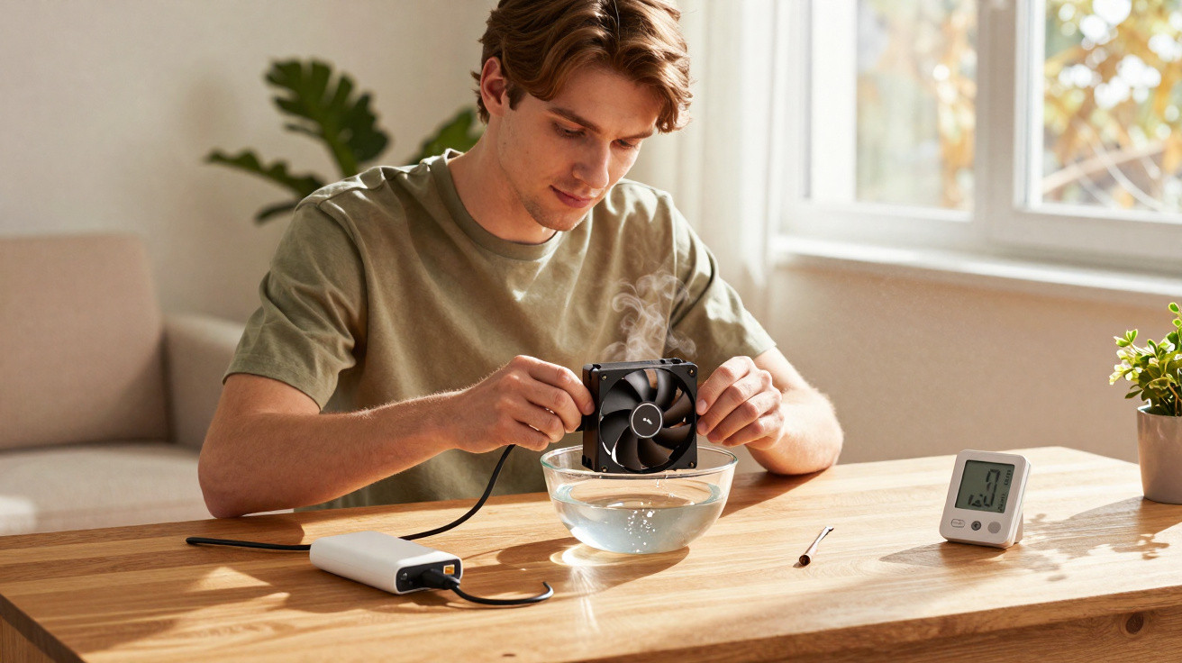 Homem a mergulhar um ventilador elétrico num recipiente com água numa mesa iluminada pela luz natural.