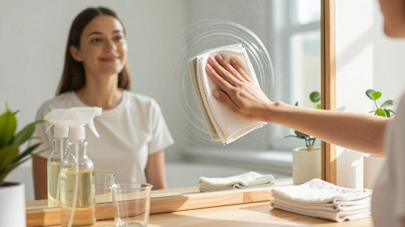 Mulher a limpar um espelho com um pano branco num ambiente luminoso com plantas e produtos de limpeza.