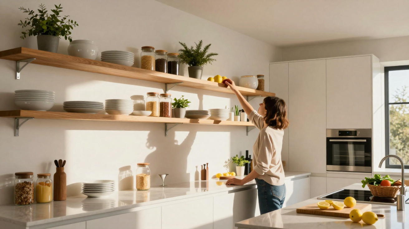 Mulher a organizar frutos e utensílios em prateleiras de cozinha moderna com luz natural.