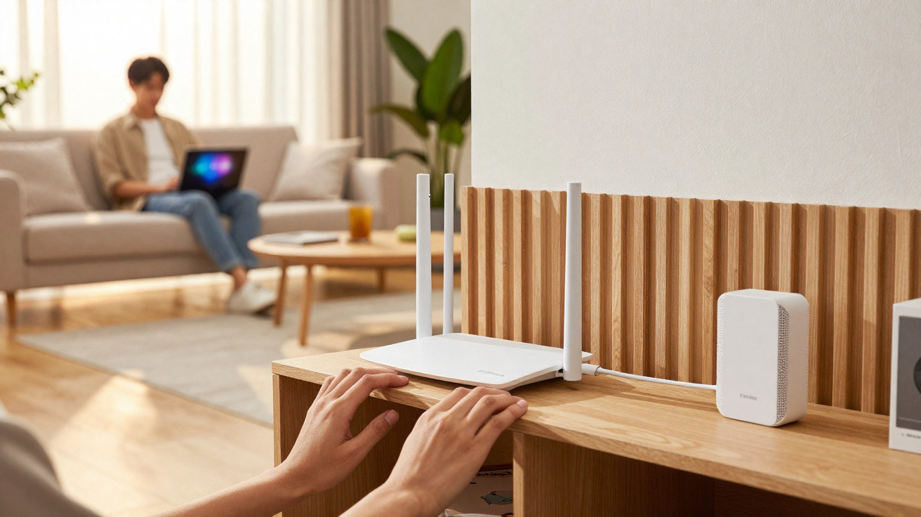 Pessoa a ligar um router branco numa estante de madeira numa sala onde outra pessoa usa um portátil num sofá cinzento.