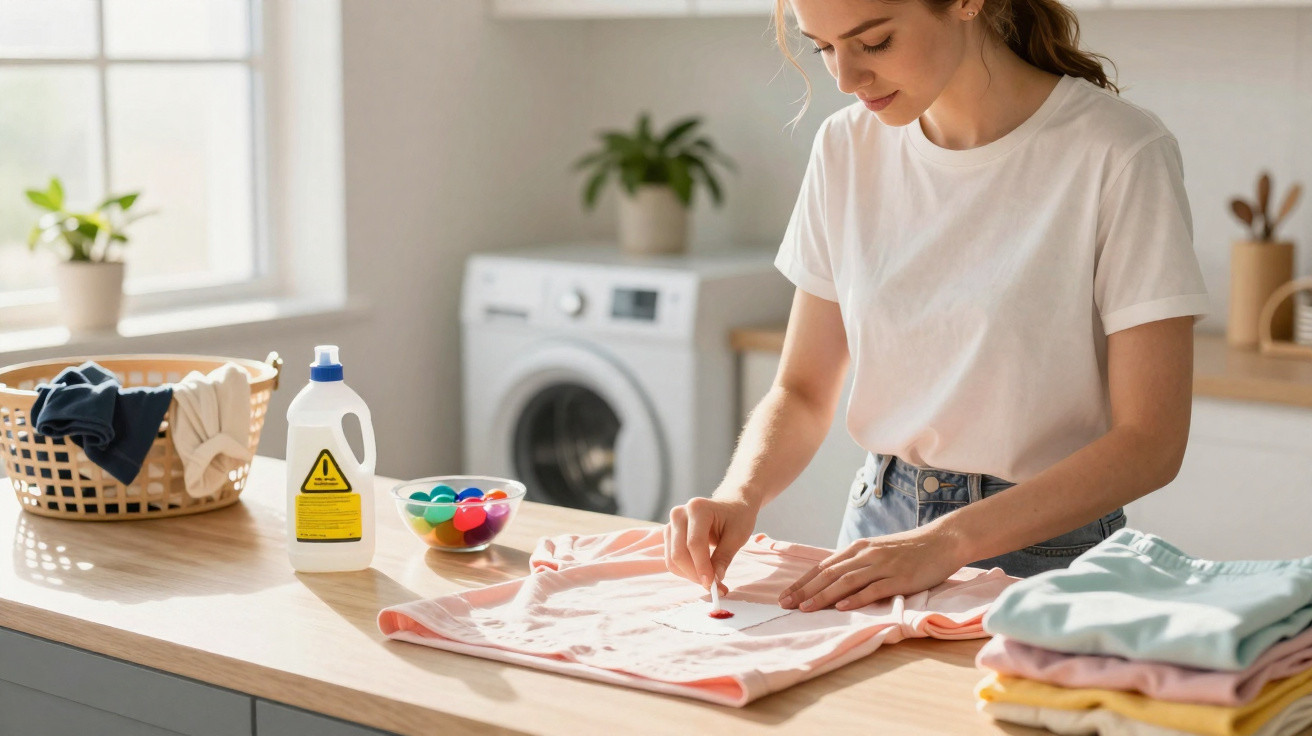 Mulher a remover nódoa vermelha de t-shirt cor-de-rosa numa cozinha luminosa com máquina de lavar.