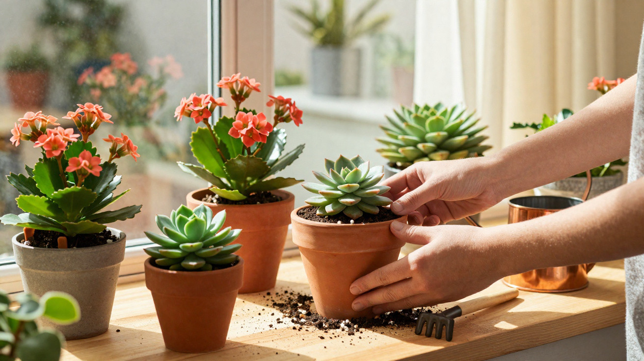 Mãos a cuidar de suculentas e plantas floridas num parapeito de janela com luz natural.