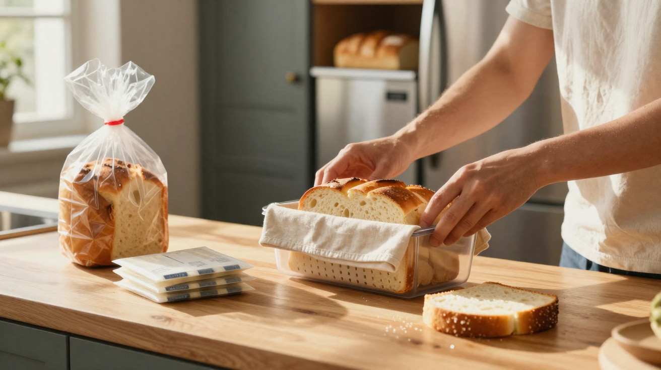 Pessoa a guardar fatias de pão com sementes numa caixa transparente numa cozinha iluminada.