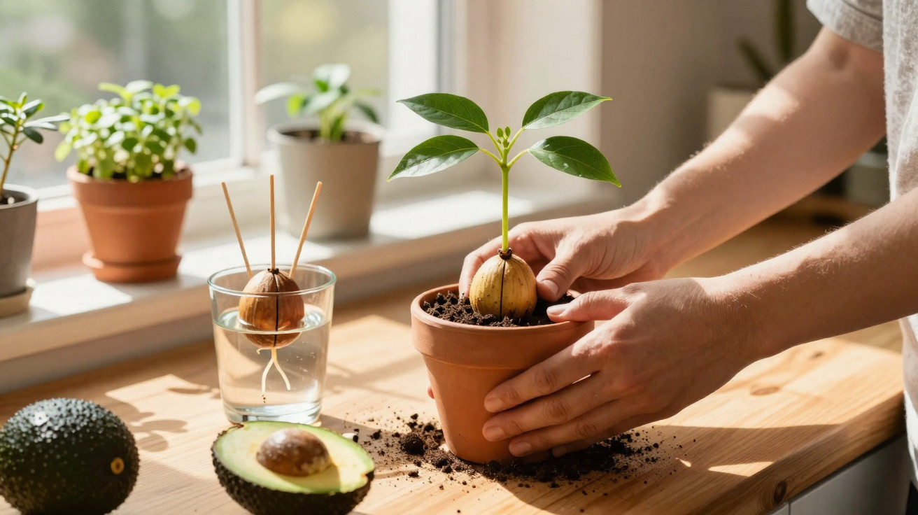 Pessoa transplantando um abacateiro jovem de um copo de água para um vaso com terra perto da janela.
